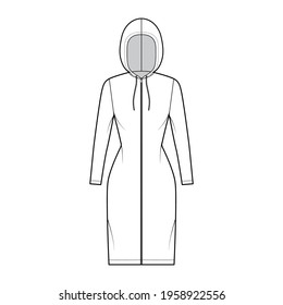 Zip  up Hoody dress technical fashion illustration and long sleeves  knee length  fitted body  Pencil fullness  Flat apparel template front  white color style  Women  men  unisex CAD mockup