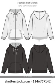 ZIP-UP HOODY FASHION FLAT SKETCHES Technical Drawings Teck Pack Illustrator Vector Template	