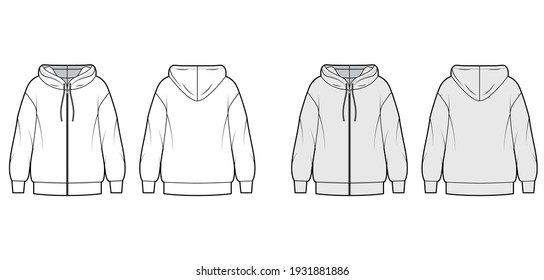 Zip-up Hoody sweatshirt technical fashion illustration with long sleeves, oversized body, banded hem, drawstring. Flat apparel template front, back, white, grey color style. Women, men, unisex mockup