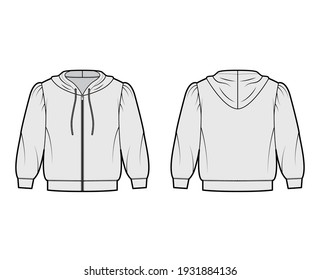 Zip-up Hoody sweatshirt technical fashion illustration with elbow sleeves, relax body, banded hem, drawstring. Flat small apparel template front, back, grey color style. Women, men, unisex CAD mockup