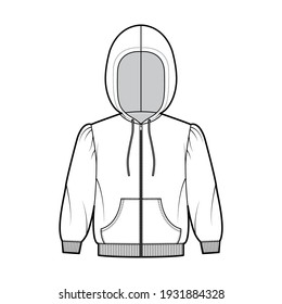 Zip-up Hoody sweatshirt technical fashion illustration with elbow sleeves, relax body, kangaroo pouch, knit rib cuff, banded hem, drawstring. Flat template front, white color. Women, men CAD mockup