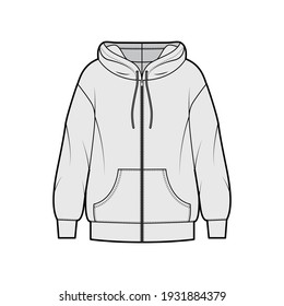 Zip-up Hoody sweatshirt technical fashion illustration with long sleeves, oversized body, kangaroo pouch, banded hem. Flat extra large apparel template front, grey color. Women, men, unisex CAD mockup