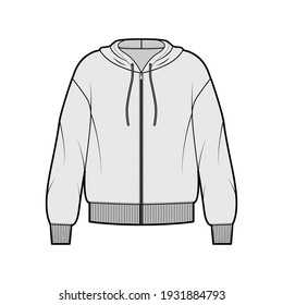 Zip-up Hoody sweatshirt technical fashion illustration with long sleeves, oversized body, knit rib cuff, banded hem. Flat large apparel template front, grey color. Women, men, unisex CAD mockup