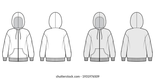 Zip-up Hoody sweatshirt technical fashion illustration with long sleeves, kangaroo pouch, knit rib cuff, banded hem. Flat extra large apparel template front, back, white, grey color. Women CAD mockup