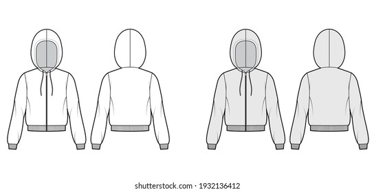 Zip-up Hoody sweatshirt technical fashion illustration with long sleeves, relax body, knit rib cuff, banded hem. Flat apparel template front, back, white, grey color. Women, men, unisex CAD mockup