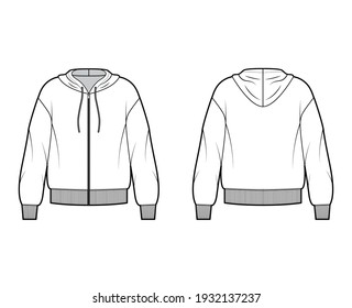 Zip-up Hoody sweatshirt technical fashion illustration with long sleeves, oversized body, knit rib cuff, banded hem. Flat large apparel template front, back, white color. Women, men, unisex CAD mockup