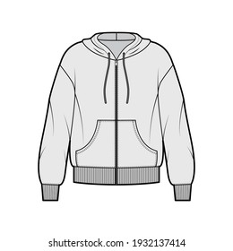 Zip-up Hoody sweatshirt technical fashion illustration with long sleeves, oversized body, kangaroo pouch, knit rib cuff, banded hem. Flat large template front, grey color. Women, men unisex CAD mockup