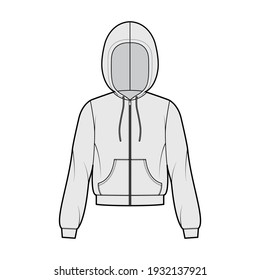 Zip-up Hoody sweatshirt technical fashion illustration with elbow long sleeves, relax body, kangaroo pouch, banded hem. Flat apparel template front, grey color. Women, men, unisex CAD mockup