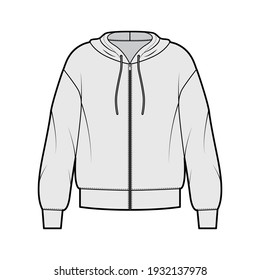 Zip-up Hoody sweatshirt technical fashion illustration with long sleeves, oversized body, banded hem, cuff. Flat large apparel template front, grey color style. Women, men, unisex CAD mockup