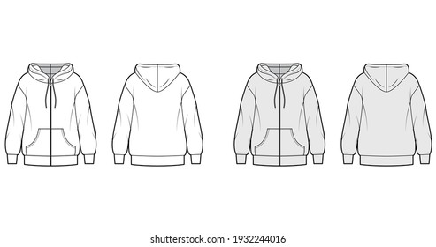 Zip-up Hoody sweatshirt technical fashion illustration with long sleeves, oversized body, pouch, banded hem. Flat apparel template front, back, white, grey color style. Women, men, unisex CAD mockup