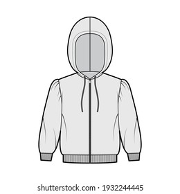 Zip-up Hoody sweatshirt technical fashion illustration with elbow sleeves, relax body, knit rib cuff, banded hem, drawstring. Flat apparel template front, grey color. Women, men, unisex CAD mockup