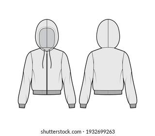 Zip-up Hoody sweatshirt technical fashion illustration with long sleeves, relax body, knit rib cuff, banded hem, drawstring. Flat apparel template front, back, grey color. Women, men unisex CAD mockup