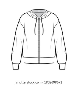 Zip-up Hoody sweatshirt technical fashion illustration with long sleeves, oversized body, banded hem, cuff. Flat large apparel template front, white color style. Women, men, unisex CAD mockup
