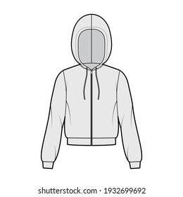 Zip-up Hoody sweatshirt technical fashion illustration with long sleeves, relax body, knit rib cuff, banded hem, drawstring. Flat apparel template front, grey color. Women, men, unisex CAD mockup