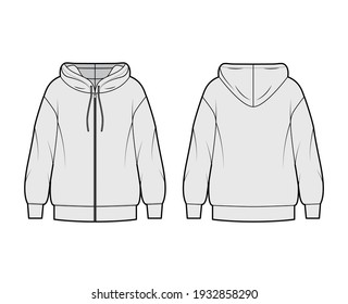 Zip-up Hoody sweatshirt technical fashion illustration with long sleeves, oversized body, banded hem, drawstring. Flat apparel template front, back, grey color style. Women, men, unisex CAD mockup