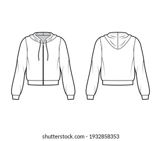 Zip-up Hoody sweatshirt technical fashion illustration with long sleeves, relax body, banded hem, cuff, drawstring. Flat apparel template front, back, white color style. Women, men, unisex CAD mockup