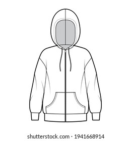 Zip-up Hoody sweatshirt technical fashion illustration with long sleeves, oversized body, kangaroo pouch, banded hem. Flat extra large apparel template front, white color. Women, men unisex CAD mockup