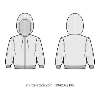 Zip-up Hoody sweatshirt technical fashion illustration with elbow sleeves, relax body, knit rib cuff, banded hem, drawstring. Flat apparel template front, back, grey color. Women, unisex CAD mockup