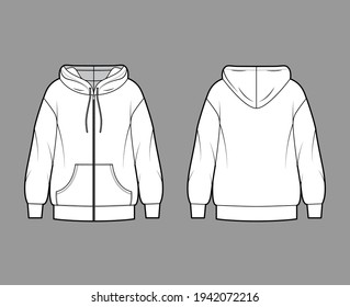 Zip-up Hoody sweatshirt technical fashion illustration with long sleeves, oversized body, kangaroo pouch, banded hem. Flat apparel template front, back, white color style. Women, men unisex CAD mockup