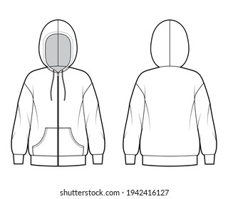 Zip-up Hoody sweatshirt technical fashion illustration with long sleeves, oversized body, kangaroo pouch, banded hem. Flat extra large template front, back, white color. Women, men, unisex CAD mockup