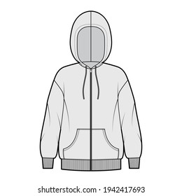 Zip-up Hoody sweatshirt technical fashion illustration with long sleeves, kangaroo pouch, knit rib cuff, banded hem. Flat extra large apparel template front grey color. Women, men, unisex CAD mockup