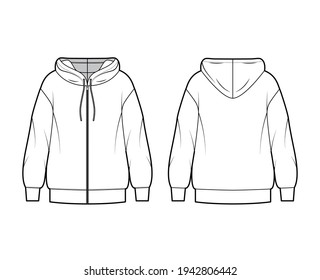 Zip-up Hoody sweatshirt technical fashion illustration with long sleeves, oversized body, banded hem, drawstring. Flat apparel template front, back, white color style. Women, men, unisex CAD mockup