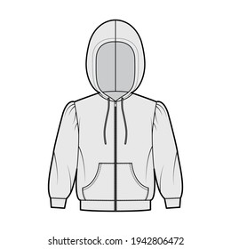 Zip-up Hoody sweatshirt technical fashion illustration with elbow sleeves, relax body, kangaroo pouch, banded hem, drawstring. Flat apparel template front, grey color. Women, men, unisex CAD mockup