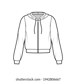 Zip-up Hoody sweatshirt technical fashion illustration with long sleeves, relax body, banded hem, cuff, drawstring. Flat apparel template front, white color style. Women, men, unisex CAD mockup