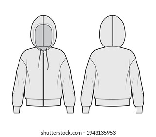 Zip-up Hoody sweatshirt technical fashion illustration with long sleeves, oversized body, cuff, drawstring. Flat apparel template front, back, white, grey color style. Women, men, unisex CAD mockup