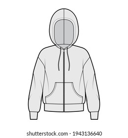 Zip-up Hoody sweatshirt technical fashion illustration with long sleeves, oversized body, kangaroo pouch, drawstring. Flat apparel template front, grey color. Women, men, unisex CAD mockup