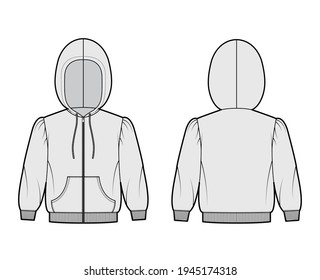 Zip-up Hoody sweatshirt technical fashion illustration with elbow sleeves, relax body, kangaroo pouch, rib cuff, banded hem, drawstring. Flat template front, back, grey color. Women, men CAD mockup