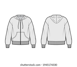 Zip-up Hoody sweatshirt technical fashion illustration with long sleeves, oversized body, kangaroo pouch, knit rib cuff, banded hem. Flat large template front, back, grey color. Women, men CAD mockup