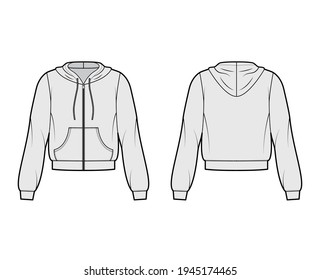 Zip-up Hoody sweatshirt technical fashion illustration with long sleeves, relax body, kangaroo pouch, banded hem, drawstring. Flat apparel template front, back, grey color. Women, unisex CAD mockup