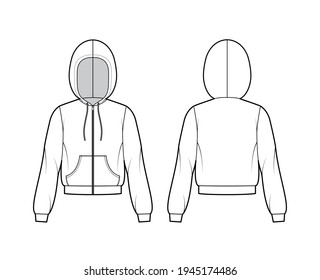 Zip-up Hoody sweatshirt technical fashion illustration with elbow long sleeves, relax body, kangaroo pouch, banded hem. Flat apparel template front, back, white color. Women, men, unisex CAD mockup