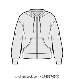 Zip-up Hoody sweatshirt technical fashion illustration with long sleeves, oversized body, kangaroo pouch, banded hem. Flat large apparel template front, grey color. Women, men, unisex CAD mockup