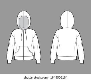 Zip-up Hoody sweatshirt technical fashion illustration with long sleeves, oversized body, kangaroo pouch, drawstring. Flat apparel template front, back, white color. Women, men, unisex CAD mockup