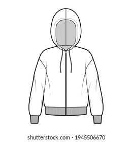 Zip-up Hoody sweatshirt technical fashion illustration with long sleeves, oversized body, knit rib cuff, banded hem. Flat apparel template front, white color style. Women, men, unisex CAD mockup