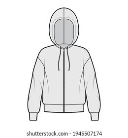 Zip-up Hoody sweatshirt technical fashion illustration with long sleeves, oversized body, cuff, drawstring. Flat apparel template front, back, white, grey color style. Women, men, unisex CAD mockup