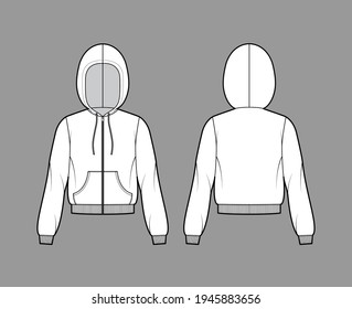 Zip-up Hoody sweatshirt technical fashion illustration with long sleeves, relax body, kangaroo pouch, knit rib cuff, banded hem. Flat template front, back, white color. Women, men, unisex CAD mockup