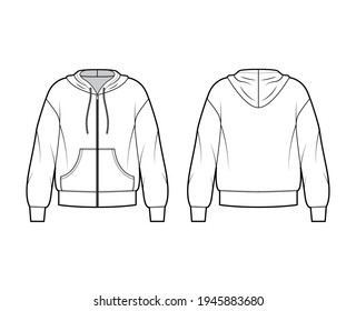 Zip-up Hoody sweatshirt technical fashion illustration with long sleeves, oversized body, kangaroo pouch, banded hem. Flat large apparel template front, back, white color. Women, men unisex CAD mockup