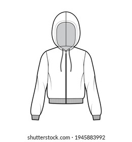 Zip-up Hoody sweatshirt technical fashion illustration with long sleeves, relax body, knit rib cuff, banded hem, drawstring. Flat apparel template front, white color. Women, men, unisex CAD mockup