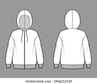 Zip-up Hoody sweatshirt technical fashion illustration with long sleeves, oversized body, knit rib cuff, banded hem. Flat extra large template front, back, white color. Women, men, unisex CAD mockup
