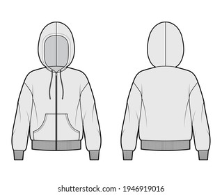 Zip-up Hoody sweatshirt technical fashion illustration with long sleeves, oversized body, kangaroo pouch, knit rib cuff, banded hem. Flat template front, back, grey color. Women, men unisex CAD mockup