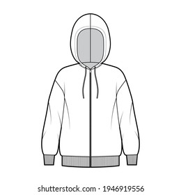 Zip-up Hoody sweatshirt technical fashion illustration with long sleeves, oversized body, knit rib cuff, banded hem. Flat extra large apparel template front, white color. Women, men, unisex CAD mockup
