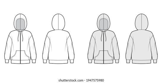 Zip-up Hoody sweatshirt technical fashion illustration with long sleeves, oversized body, kangaroo pouch, banded hem. Flat extra large template front, back, white, grey color. Women, men, unisex CAD