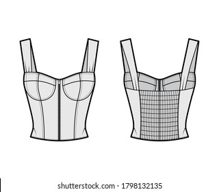 Zip-up jewel cropped shirred corset-style smocked top technical fashion illustration with molded cups, close fit, shirred back. Flat apparel template front, back, grey color. Women, men, unisex shirt