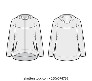 Zip-up oversized cotton-fleece hoodie with long sleeves and a relaxed fit. Technical fashion illustration with zipper and jetted pockets. Flat jumper template front, back grey color. Women, men sweatshirt top, CAD design