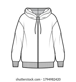 Ilustración técnica de moda con capucha de algodón de tamaño superior con ajuste relajado, mangas largas. Delantera de la plantilla de prendas de puente de ropa de vestir plana, color blanco. Mujeres, hombres, camiseta de unisex top mockup