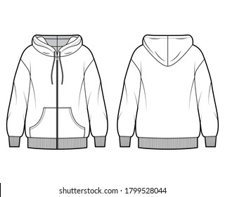 Zip-up oversized cotton-fleece hoodie technical fashion illustration with pocket, relaxed fit, long sleeves. Flat jumper apparel template front, back white color. Women, men, unisex sweatshirt top CAD