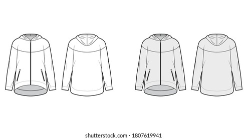 Zip-up oversized cotton-fleece hoodie technical fashion illustration with zipper jetted pockets, relaxed fit, long sleeves. Flat jumper template front, back, white grey color. Women sweatshirt top CAD